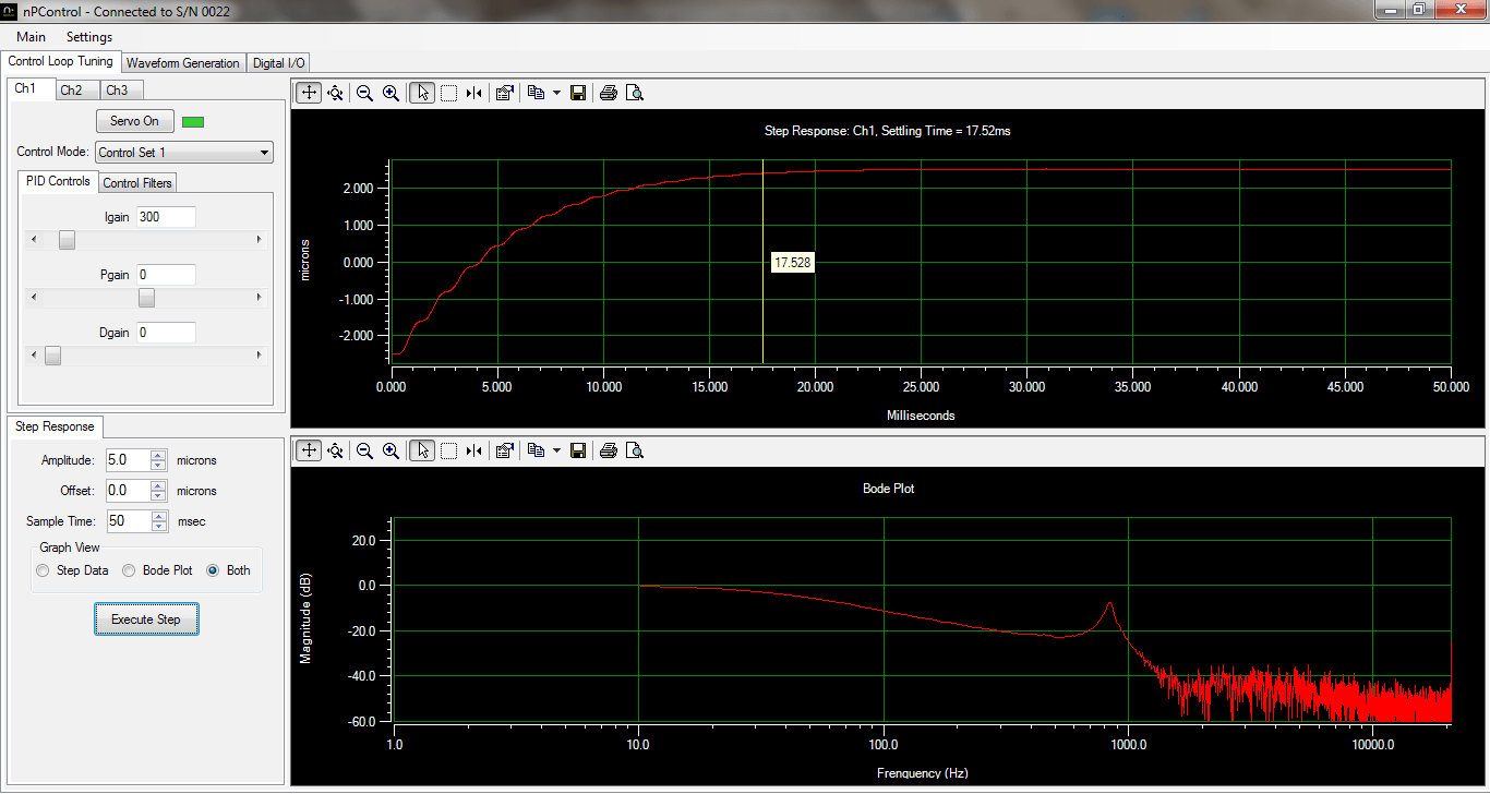 The step response and bode plot of the nanopositioning software for sale